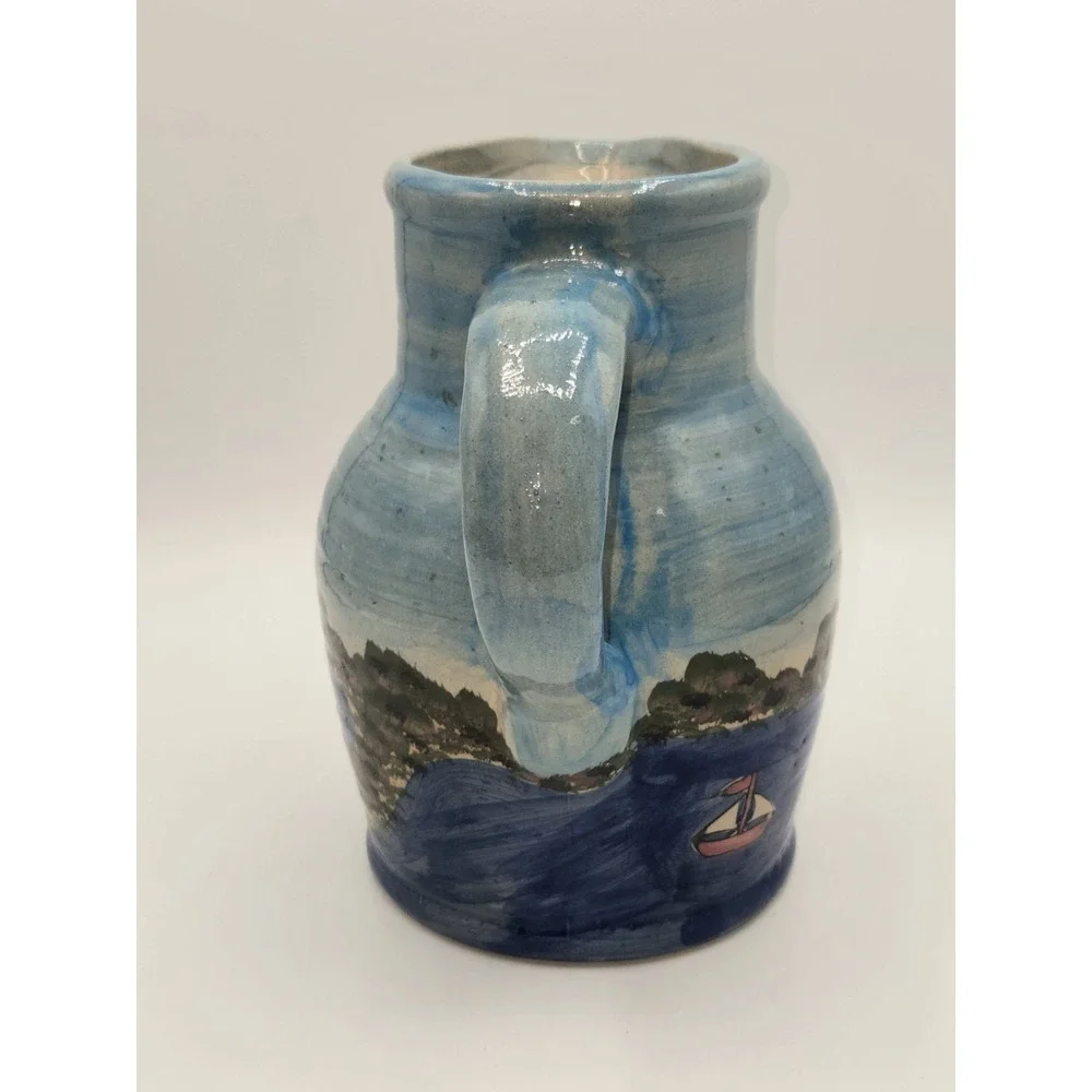 WCL Pottery Hand Painted Lighthouse Pitcher Coastal Nautical Ceramic Jug